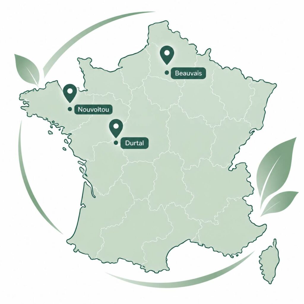 Carte de France localisant les trois sites de production de PLC à Nouvoitou, Beauvais et Durtal.